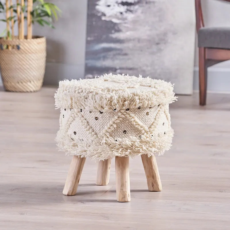 Taburete de tela bohemio con base de madera de eucalipto