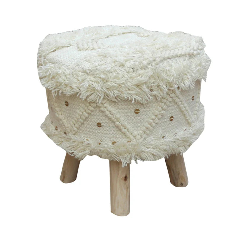 Taburete de tela bohemio con base de madera de eucalipto