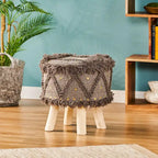Taburete de tela bohemio con base de madera de eucalipto