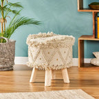 Taburete de tela bohemio con base de madera de eucalipto