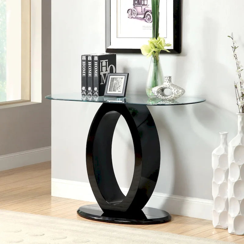 Mesa de sofá moderna de 47 pulgadas con base en forma de O y cubierta de cristal templado