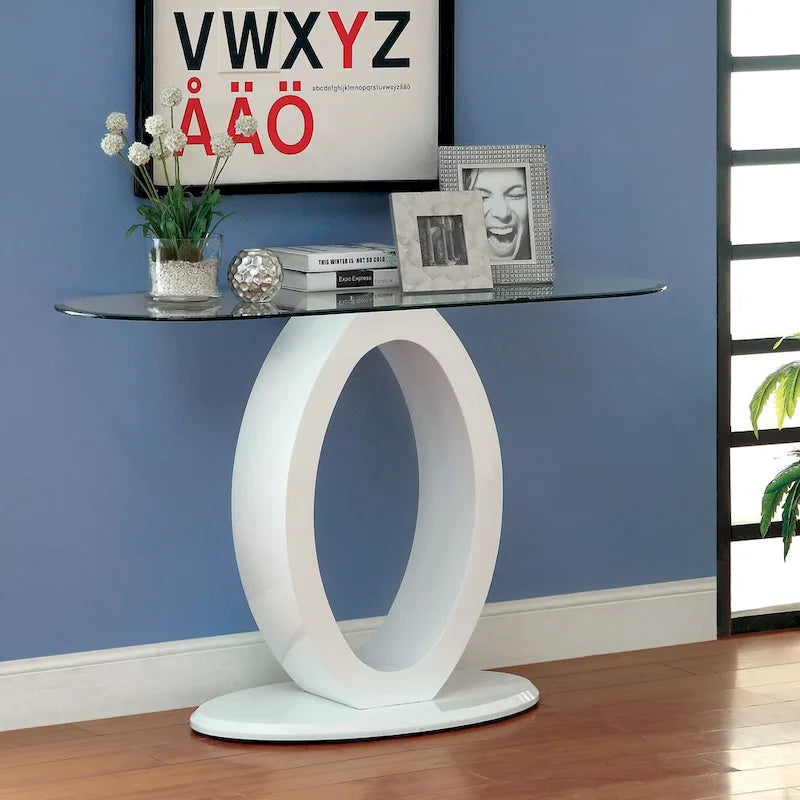 Mesa de sofá moderna de 47 pulgadas con base en forma de O y cubierta de cristal templado