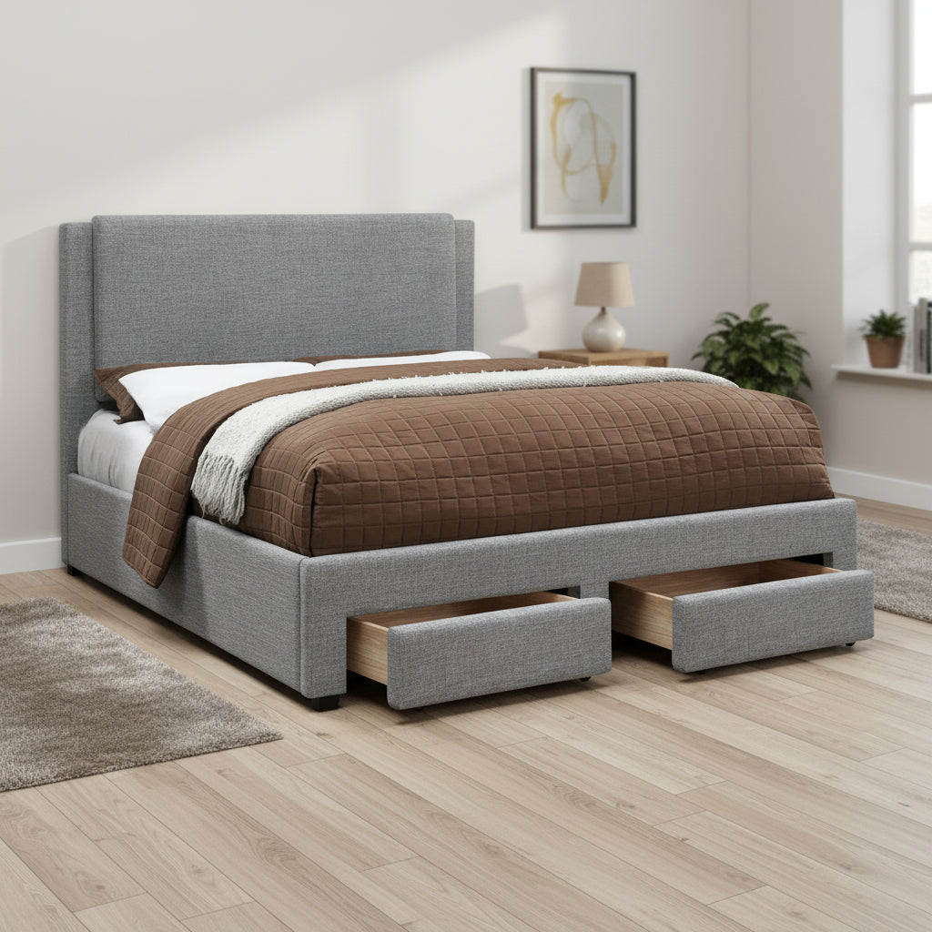 Cama King con cajones en la base – Tapizado de poliéster gris