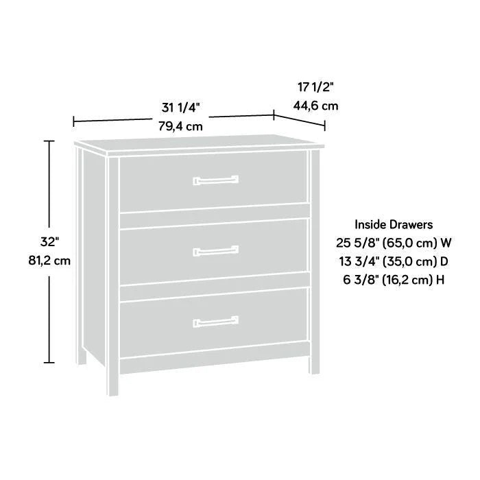 Cómoda de 3 cajones con paneles laterales en espiga
