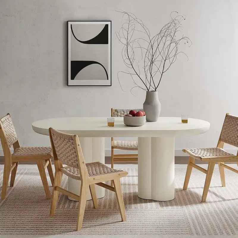 Mesa de comedor ovalada de 72 pulgadas con acabado efecto hormigón y base de doble pedestal
