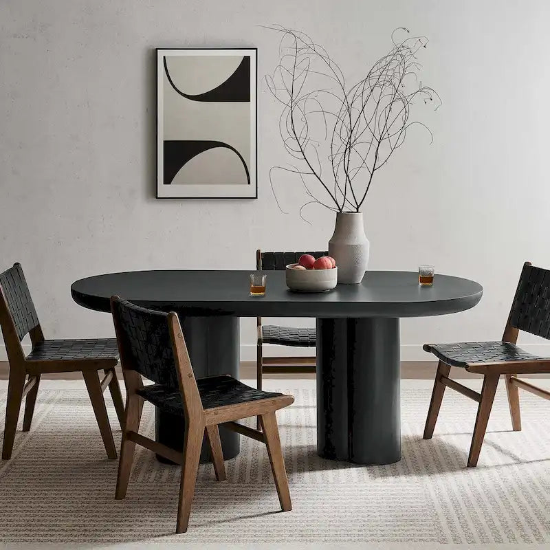 Mesa de comedor ovalada de 72 pulgadas con acabado efecto hormigón y base de doble pedestal