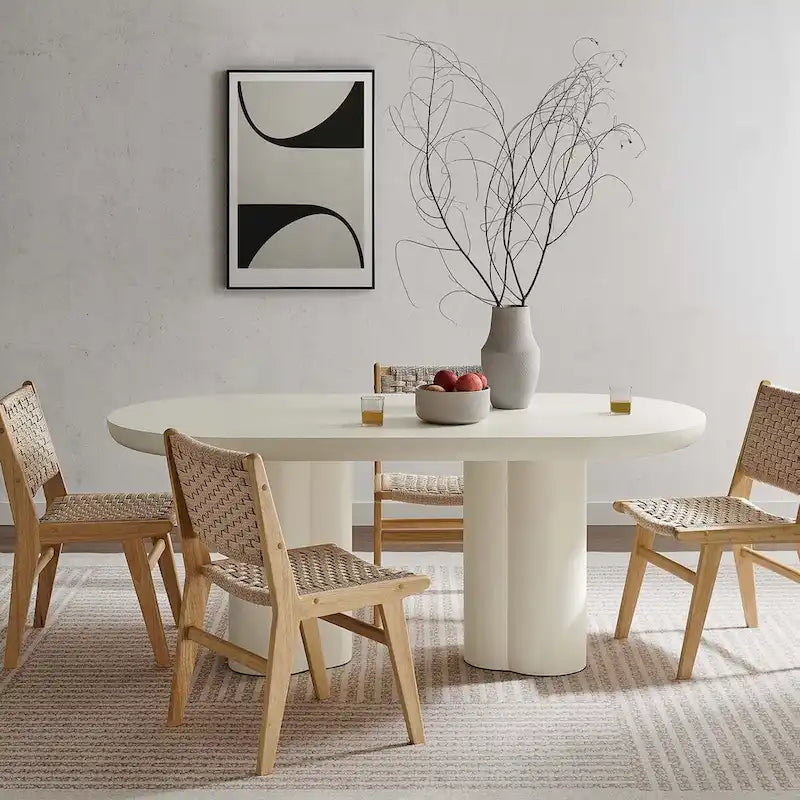 Mesa de comedor ovalada de 72 pulgadas con acabado efecto hormigón y base de doble pedestal
