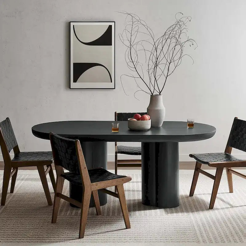 Mesa de comedor ovalada de 72 pulgadas con acabado efecto hormigón y base de doble pedestal