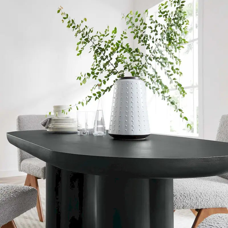Mesa de comedor ovalada de 72 pulgadas con acabado efecto hormigón y base de doble pedestal