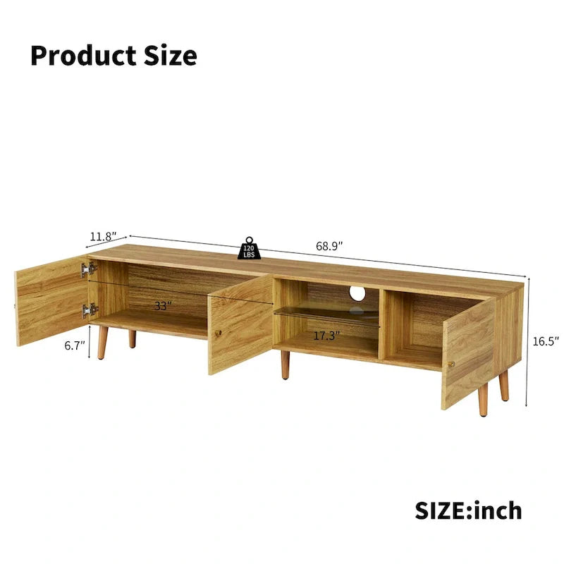 Mueble de TV de mediados de siglo de 70" con almacenamiento de 3 puertas