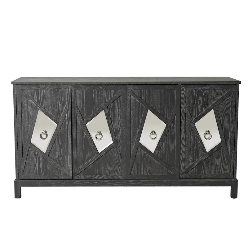Armario de almacenamiento de 4 puertas con puertas de espejo y patas de madera maciza