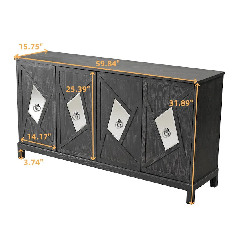 Armario de almacenamiento de 4 puertas con puertas de espejo y patas de madera maciza