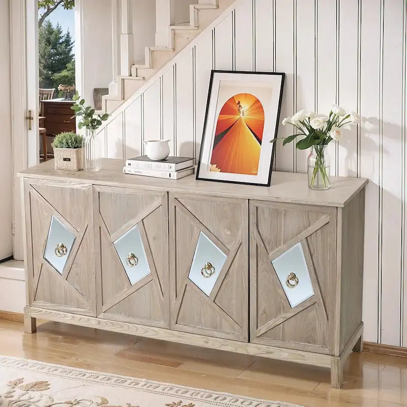 Armario de almacenamiento de 4 puertas con puertas de espejo y patas de madera maciza