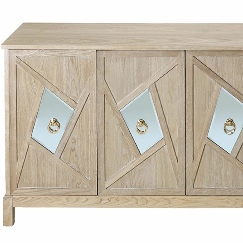 Armario de almacenamiento de 4 puertas con puertas de espejo y patas de madera maciza