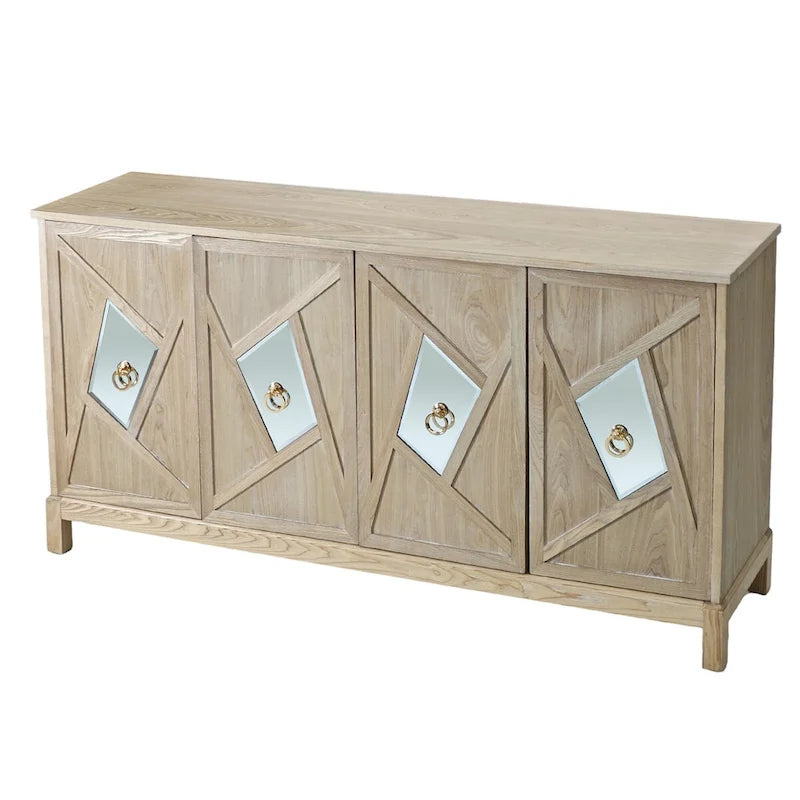 Armario de almacenamiento de 4 puertas con puertas de espejo y patas de madera maciza