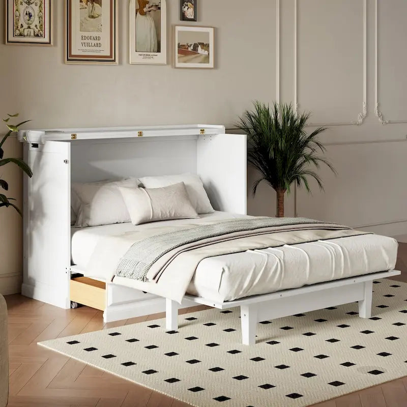 Armario Cama Abatible Queen de Pino Macizo con Carga USB y Cajón de Almacenamiento