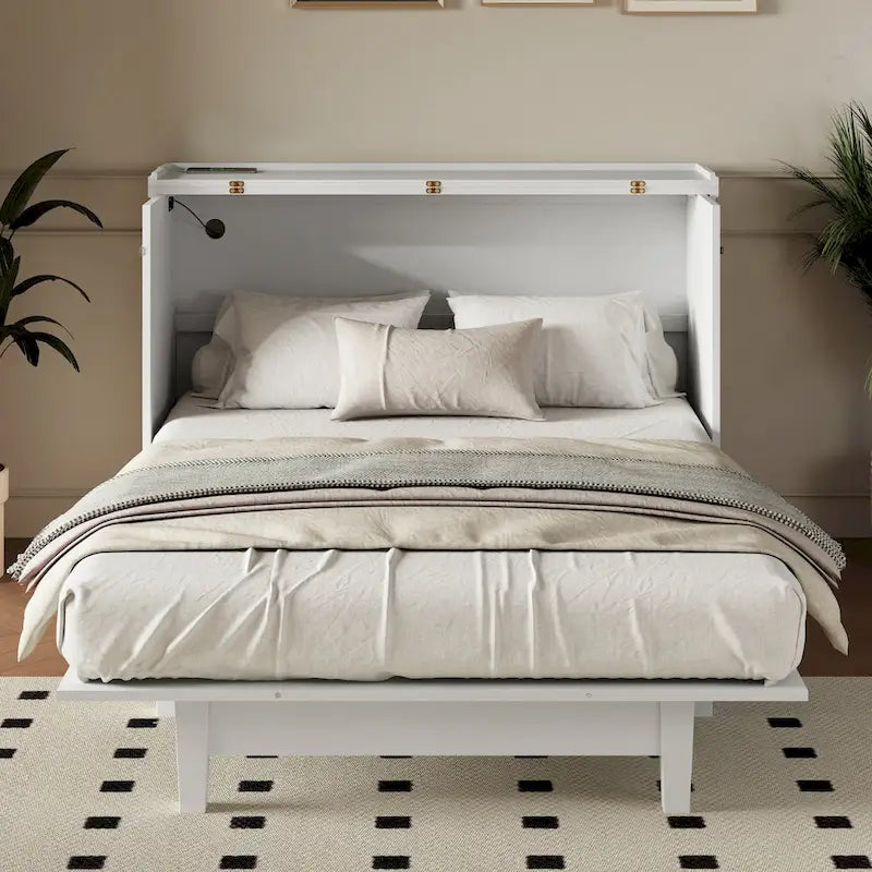 Armario Cama Abatible Queen de Pino Macizo con Carga USB y Cajón de Almacenamiento