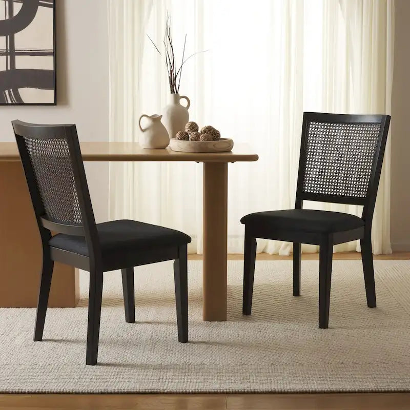 Silla de Comedor con Respaldo de Ratán Trenzado, Juego de 2 – Estructura Negra